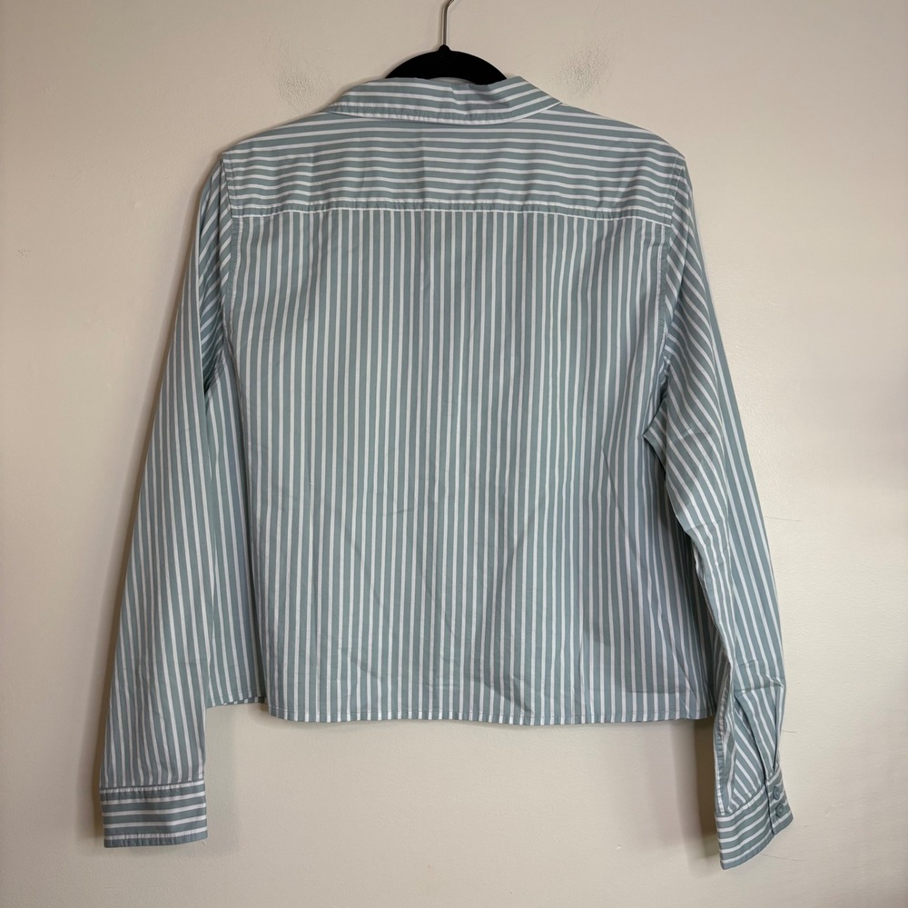 Garnet Hill Womens 14 Organic Pima Cotton Striped cropped Button Down Sage Green - Picture 4 of 4